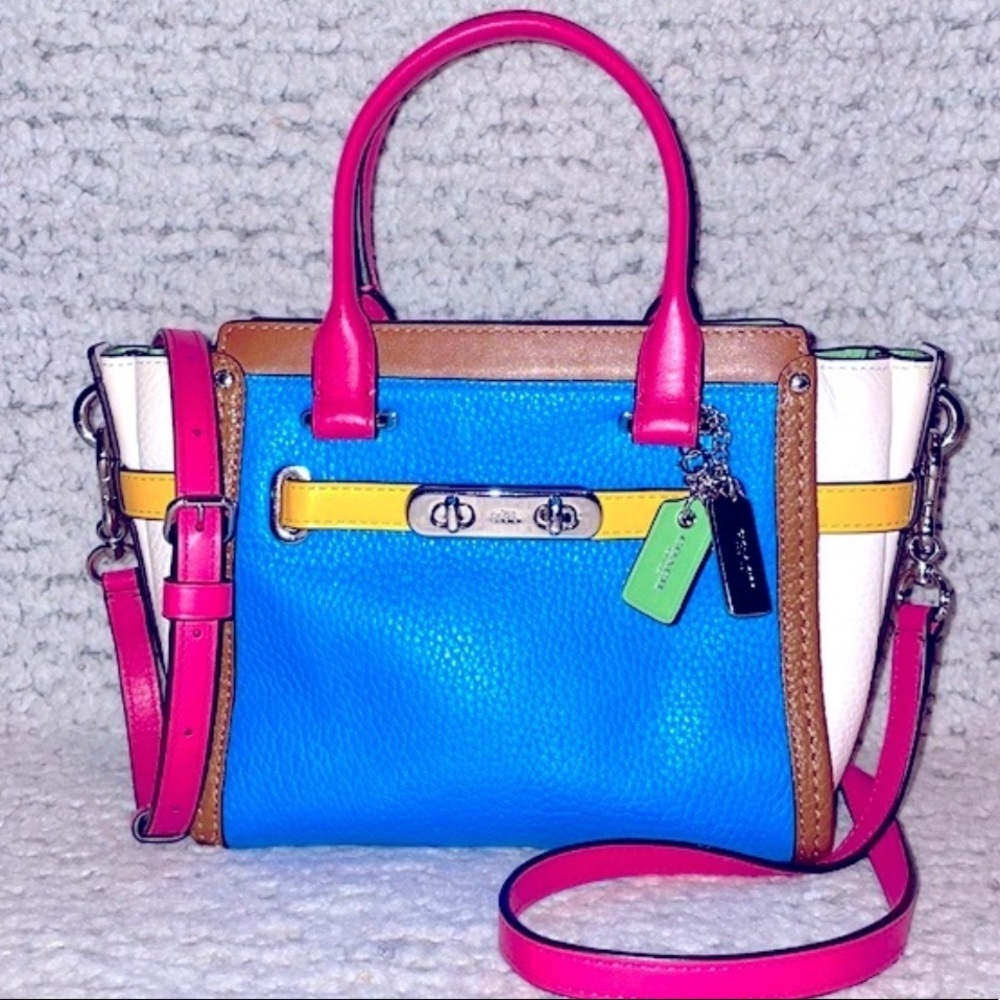 Coach Swagger 21 Rainbow Colorful Color Block Satchel Crossbody Purse Bag